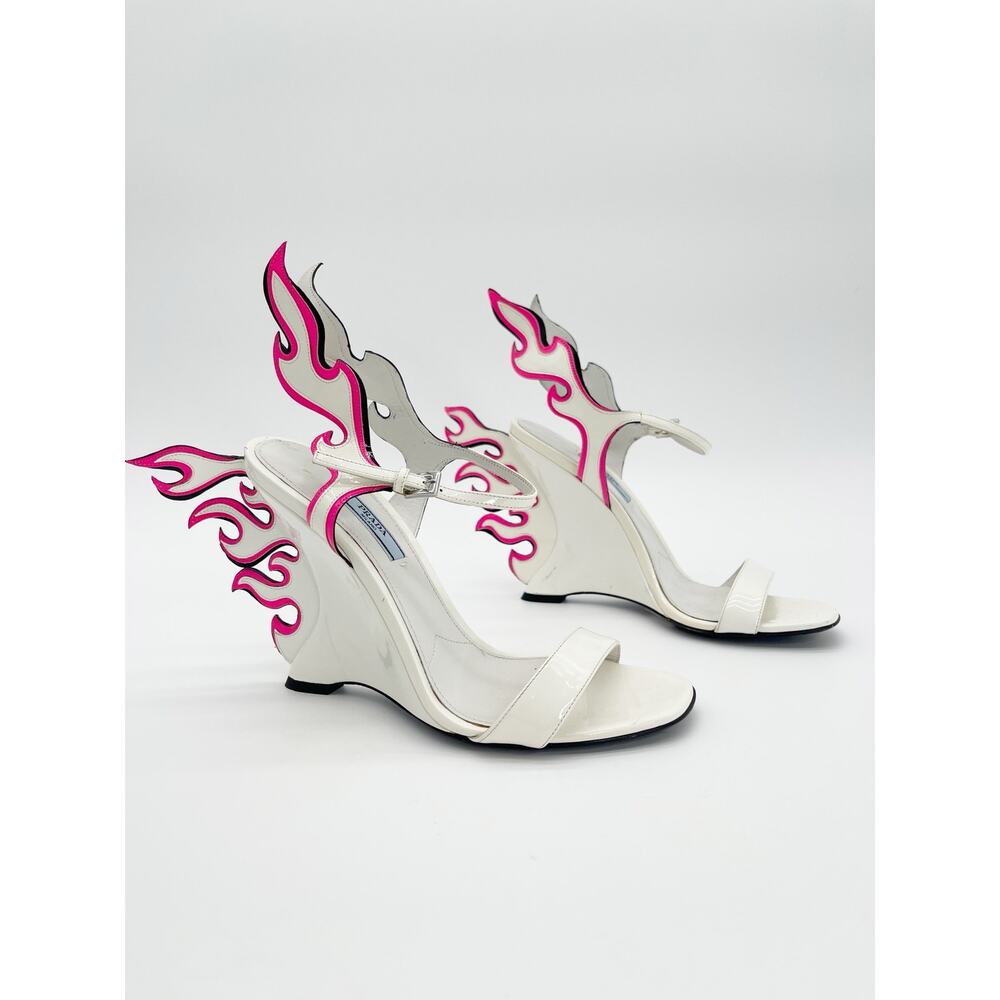 Prada Flame Wedge Sandals White Patent Neon Pink 2018 Reissue Hotrod Heels IT 38 - Picture 2 of 16